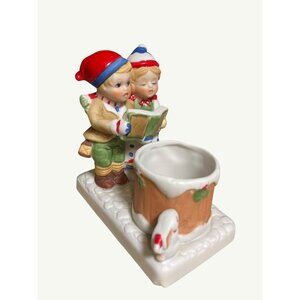 Christmas Figurine Candle Holder Vintage 1982 Boy Girl Singing